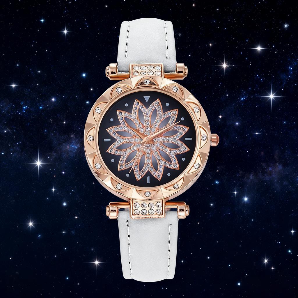 Fashion Flower Diamond Round Dial Leather Strap Women's Quartz Watch Set of 5 for Christmas and Thanksgiving Gifts