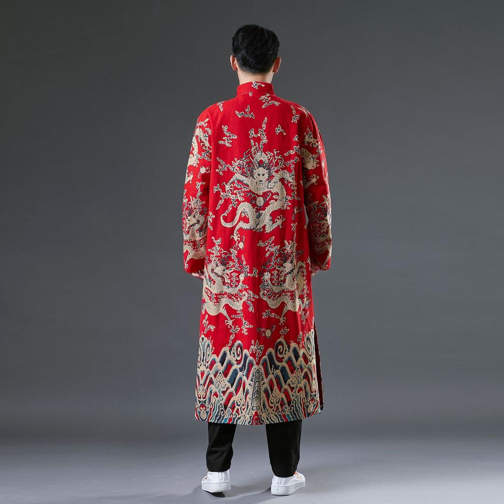Winter new double-layer dragon pattern trench coat cotton and linen printed disc-buckled cardigan loose stand-up collar Chinese style coat