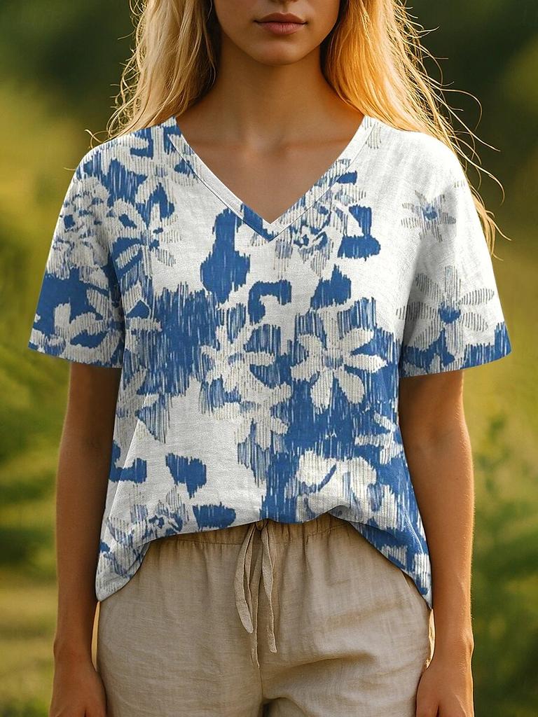 Summer Women's T-Shirt Bohemian Style 3d Print Casual Short-Sleeved V-Neck Loose Women's Clothes