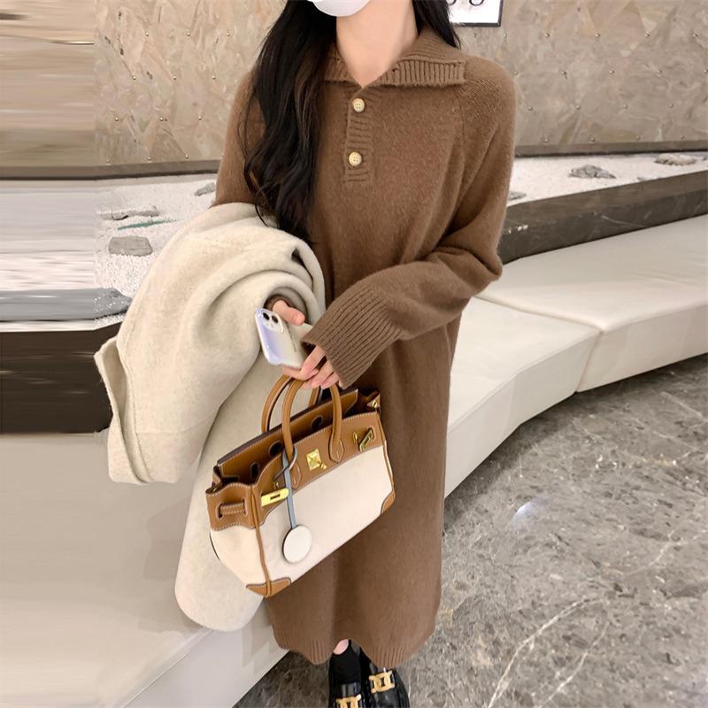 With coat loose knitted dress women's autumn new lazy style polo collar high-end bottoming shirt women