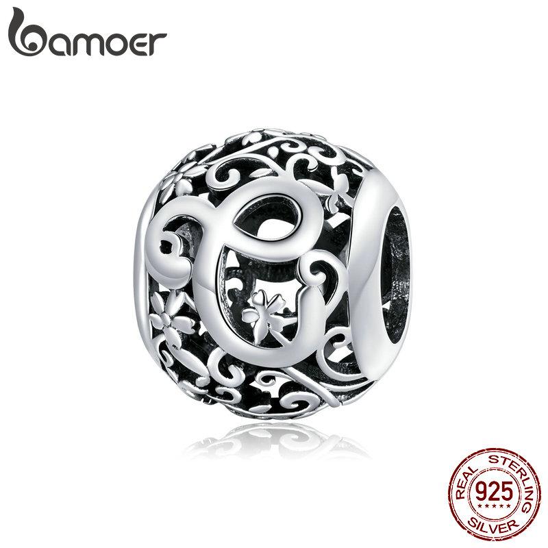 BAMOER 925 Silver Retro Letter Charms Hollowed Alphabet A-Z Round Beads for Women Bracelet DIY Jewelry Making