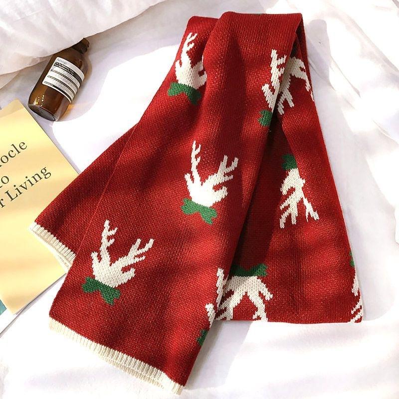 Elk Christmas Scarf for Female Students Korean Version Double Sided Wool Knitted Jacquard Warm Scarf As A Gift