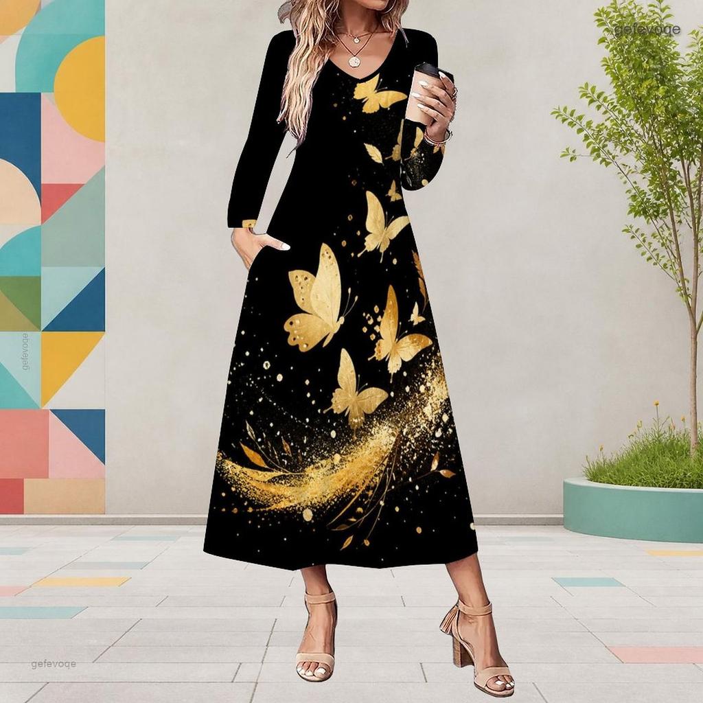 Women Plus Size V Neck Long Sleeve Purple Butterfly Print A Line Midi Dress With Pockets