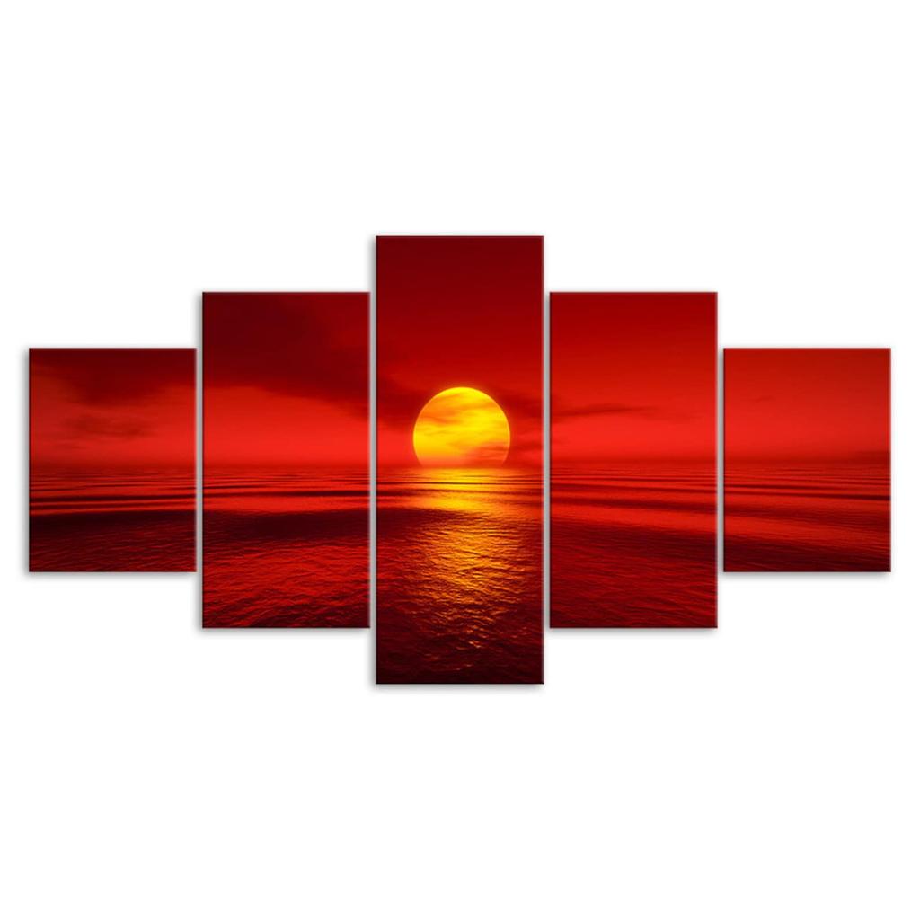 Red Sunset Sea Canvas 5 Piece Five Panel Wall Print Modern Art Poster Picture Home Decor Gift For Him For Her