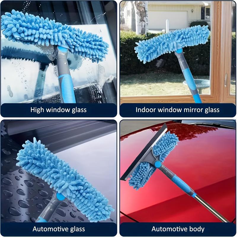 2-in-1 High Waist Window Cleaning with 10 Joint Extension Pole Stainless Steel Scraper and Squeegee Reusable Microfiber Cloth