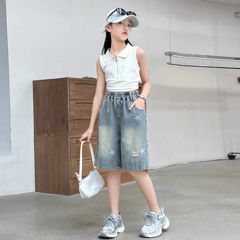 Kinder Kind Retro Gothic Y2K Knielang Zerrissene Jeansshorts Mit Sternenprint für Teenager Mädchen Mode Lässig Wadenlang Jeans Capri