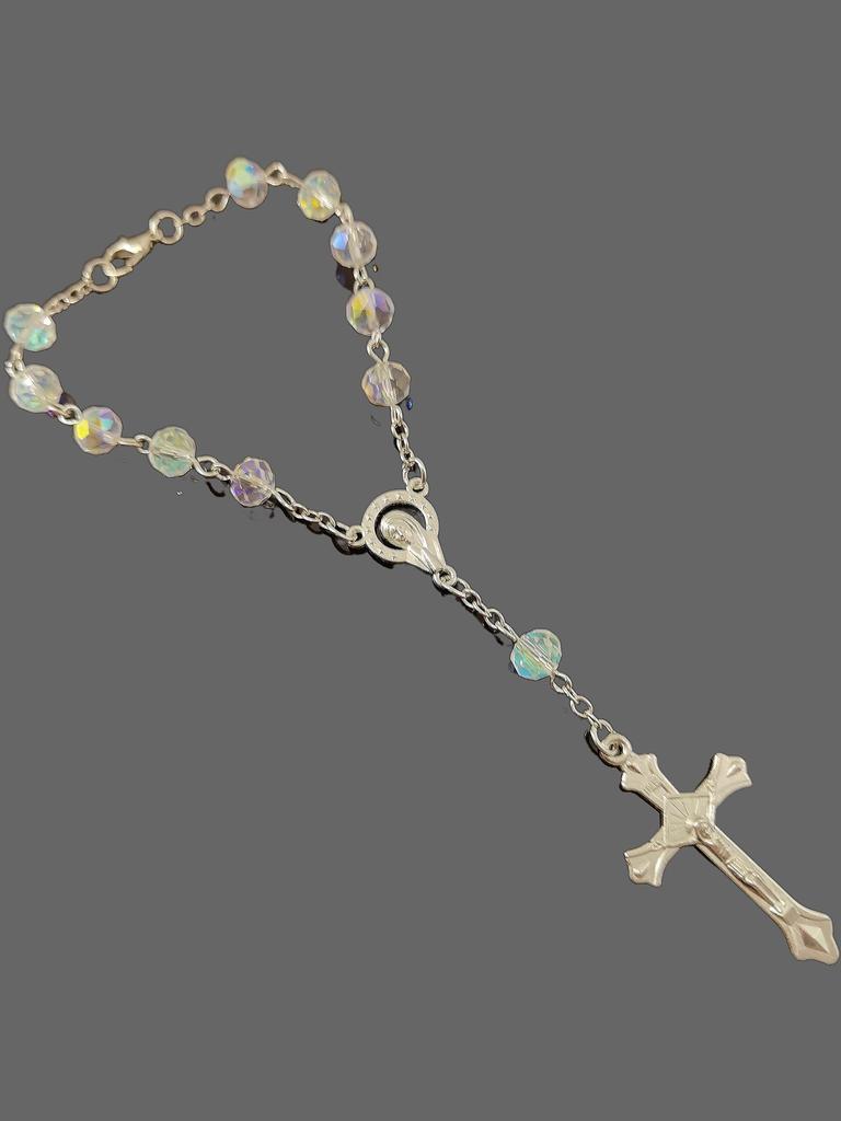 Hot selling pink crystal cross prayer bead pendant necklace and bracelets jewellry set for Christian
