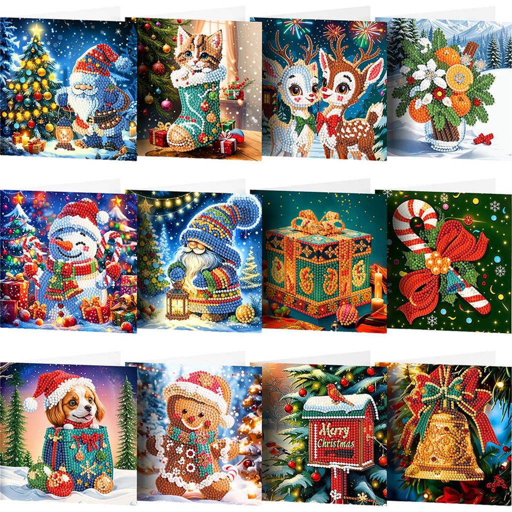 12pcs DIY Xmas Designs Diamond Painting Greeting Card Set Rhinestone Diamond Art Mosaic Postcards Congratulations Cards & Gifts
