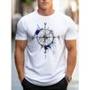 European sizes Everyday Comfort] Men's Compass Print Crew Neck T-Shirt - Breathable Polyester, Casual Street Style Short Sleeve Top