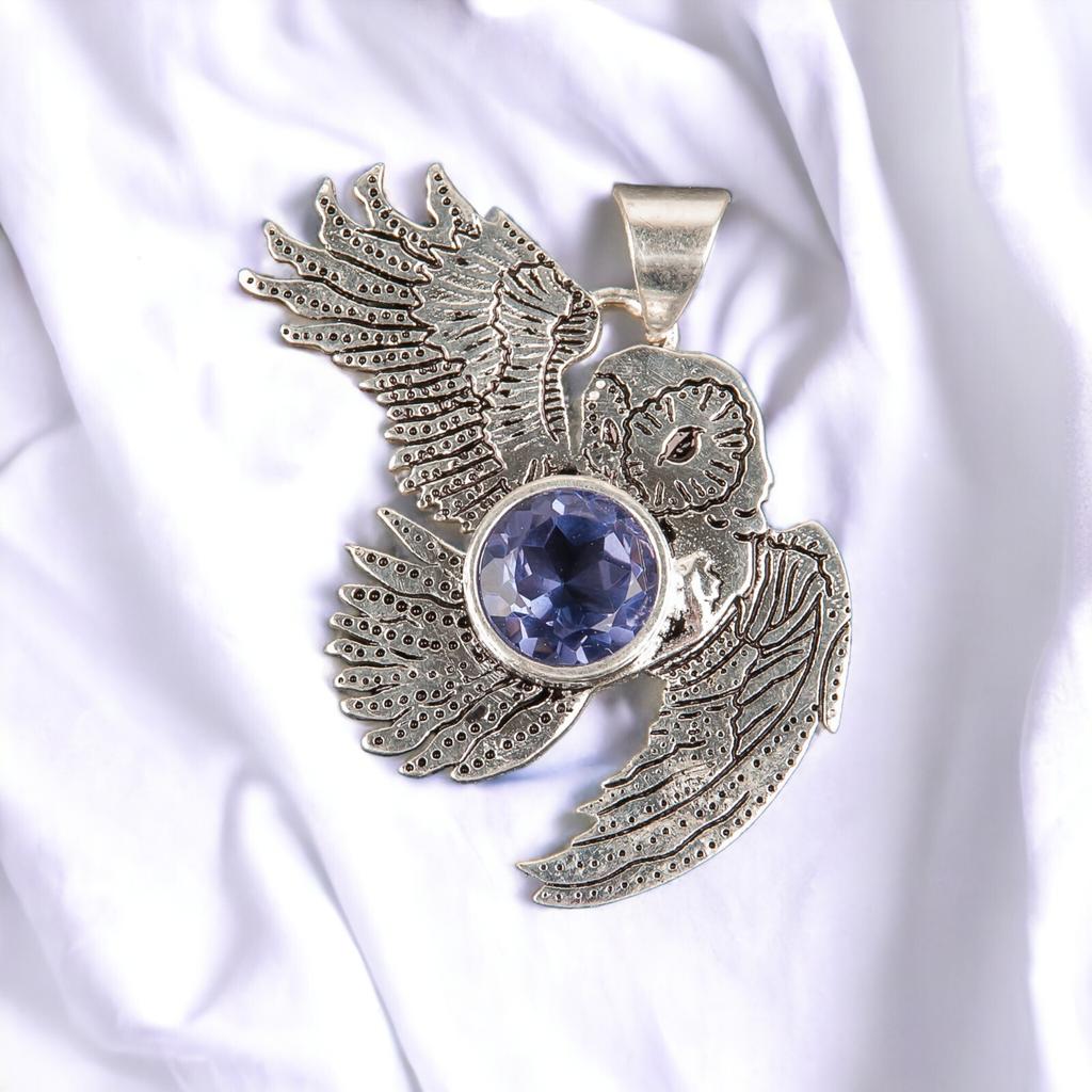 925 Sterling Silver Multi Gemstone Owl Designer Good Luck Jewelry Pendant 1.3" CP-16