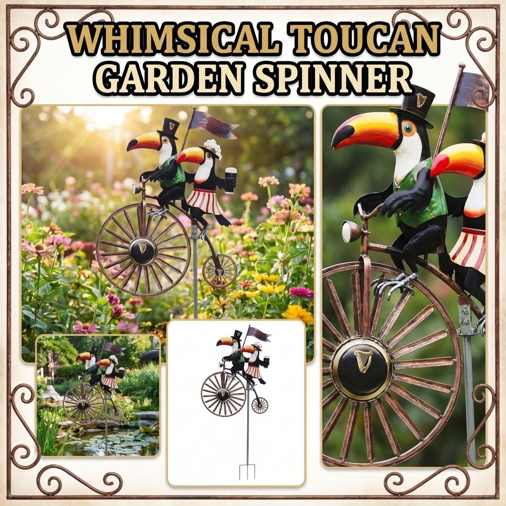 Outdoor Rotating Wind Spinner with Two Toucan Birds on Vintage Bicycle Garden Yard Decoration Metal Windmill Stake for Lawn Patio