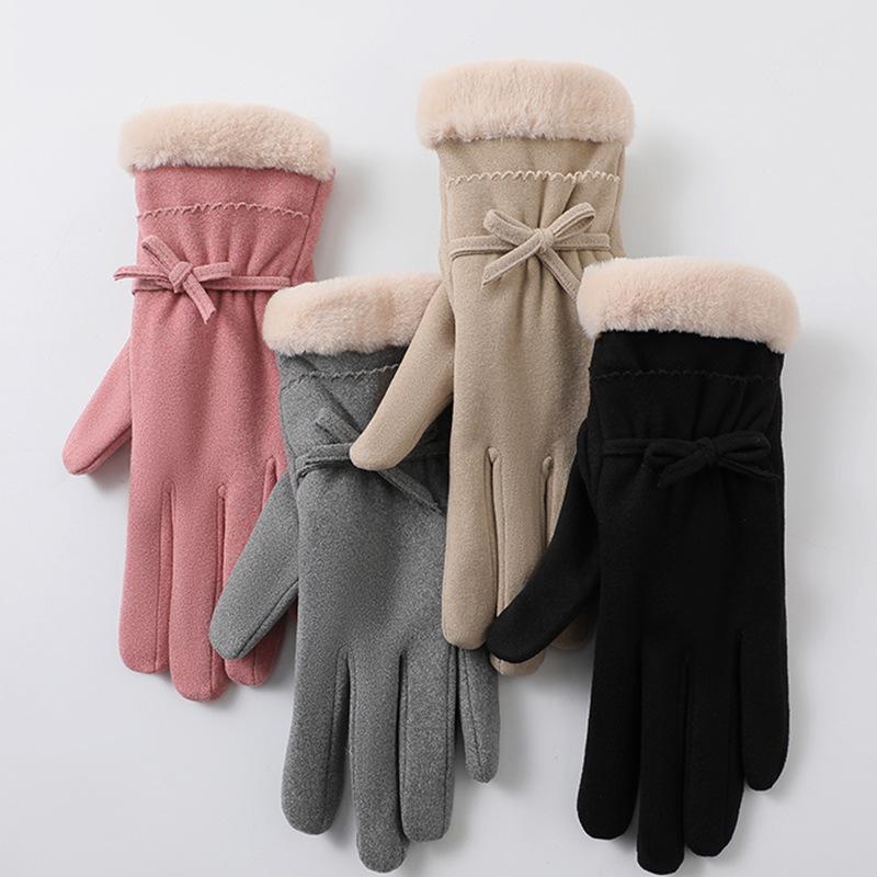 Warm Gloves for Autumn and Winter Women's German Velvet Bow Outdoor Riding Driving Plus Velvet Thickened Cold Proof Touch Screen Gloves