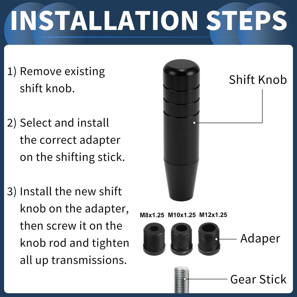 INFINAUTO Car Shift 13cm Universal Automatic and Manual Car Gear Shift Aluminum Alloy Black with 3 1 Set Knob, Knob, Adapters,