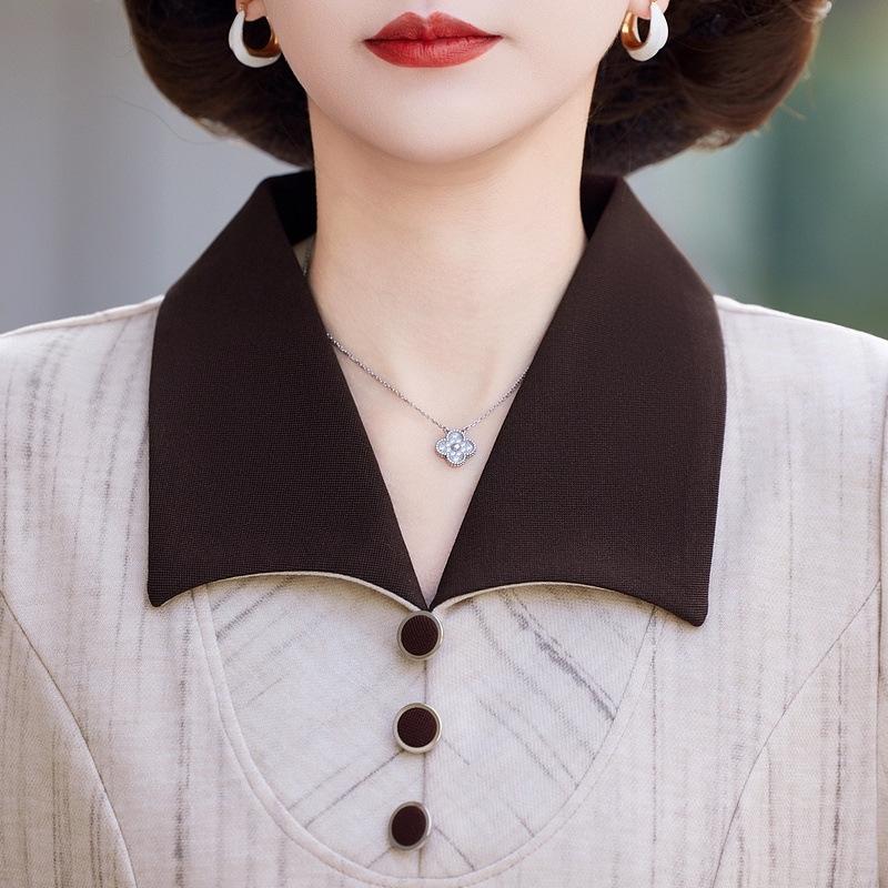 Spring & Autumn 2025 Women's Petite Shirt Collar Dress for Middle-Aged and Elderly - Fake Two-Piece Design