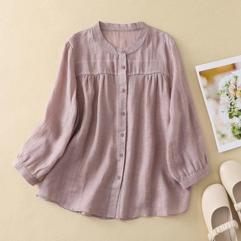 Ethnic style cotton and linen seven-quarter-sleeved shirt women's spring summer loose and thin casual cotton and linen cardigan top
