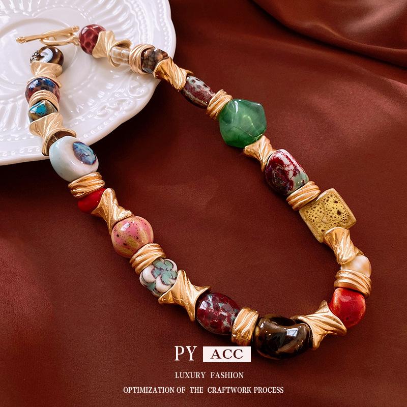 Vintage Geometric Floral Ceramic Necklace - Retro Style Clavicle Chain Jewelry