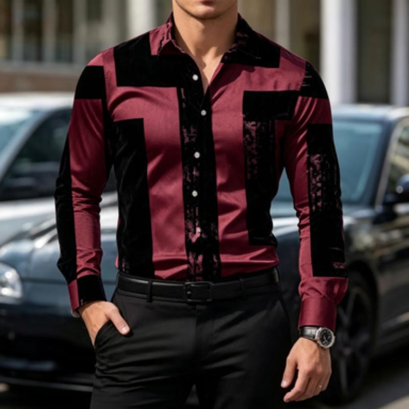 Men's Shirt Color Block Lapel Long Sleeved Shirt Abstract Geometric Print Slim Fit Shirt Light Business Daily Casual