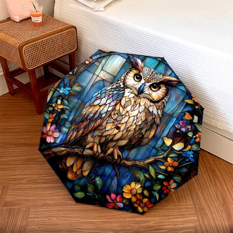 1 PC Automatic Folding Umbrella - Owls and Flowers Pattern, Portable & Foldable Design with 8 Ribs, Christmas Birthday Gifts