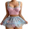 Cute Girl Bow Sexy Backless Suspender Perspective Mesh Skirt Split Lingerie