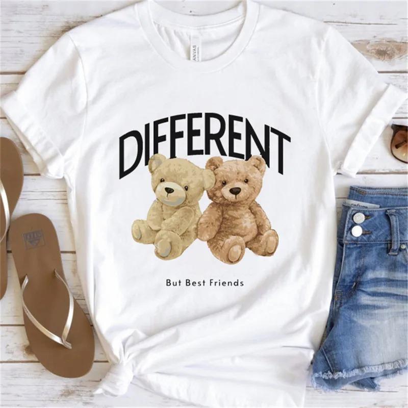 Cute Bear Print Shirts White Fashion Women T-Shirts Harajuku Kawaii Clothes Short Sleeve Summer Tees Casual Female Tops O-Neck