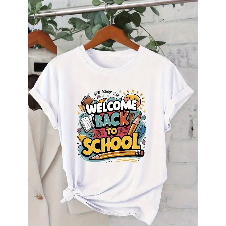 Women s Short Sleeve Collection“WELCOME BACK TO SCHOOL” Sun Smiley Face Stationery for the Start of School Printed round-neck casual fashion S