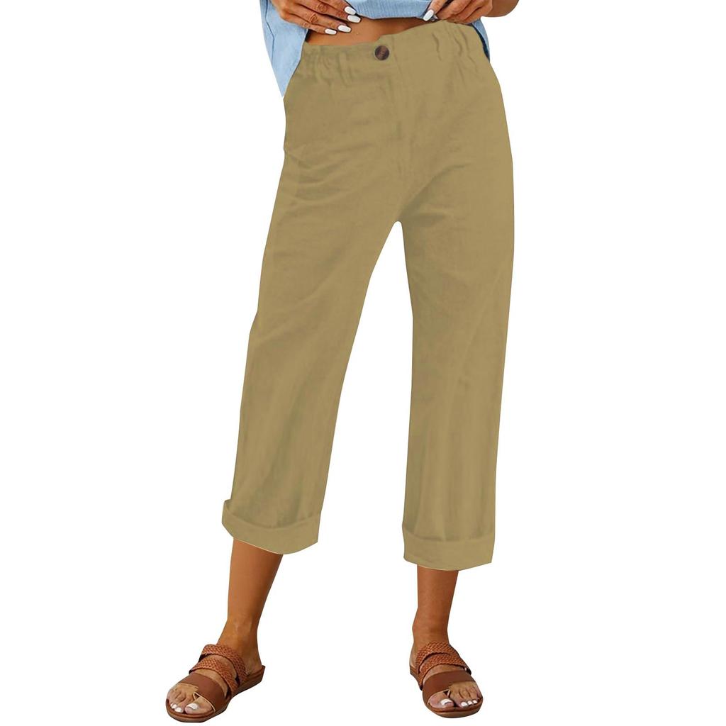 Women's Fashion Cotton-Linen Blend Loose-Fit High-Waisted Casual -Color Straight-Leg Pants