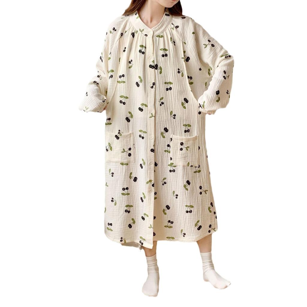 Baumwoll-Musselin Umstandspyjama-Set - Frühling/Herbst Stillnachthemd mit Hose