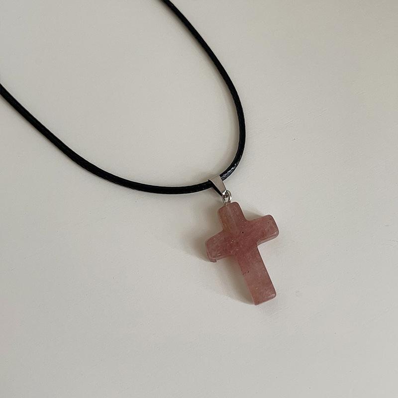 Niche Design Sense Natural Stone Cross Black Rope Necklace Female Simple Sweet Cool Personality Versatile Neck Chain Collarbone Chain