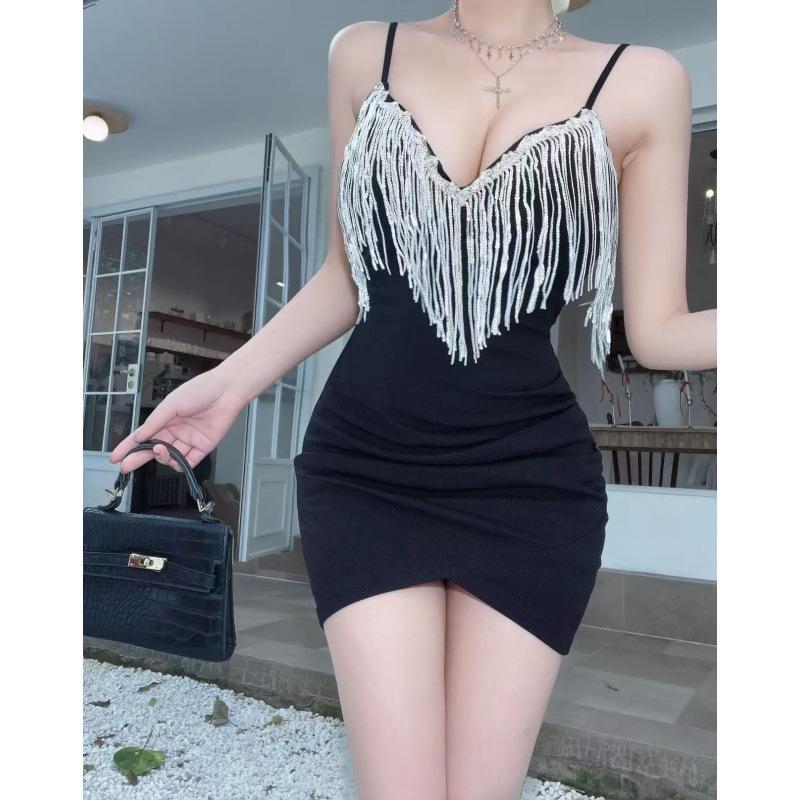 New 9684 Sexy Women s Low-Cut Fringe Spaghetti Strap Dress - Slimming Irregular Mini Skirt Small чёрный