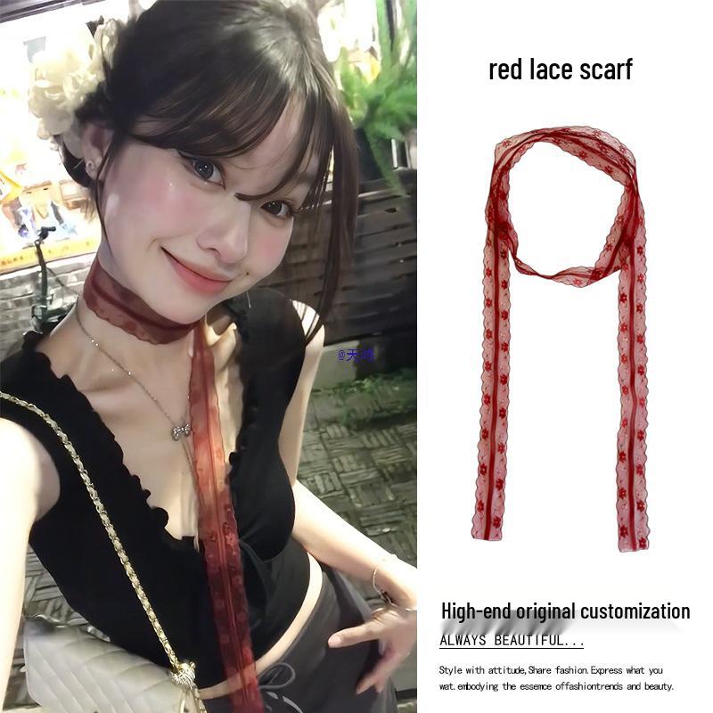 Damen Seidenschal im Vintage-Stil, rot, mit Spitzenkanten: Retro Lange Bandkette