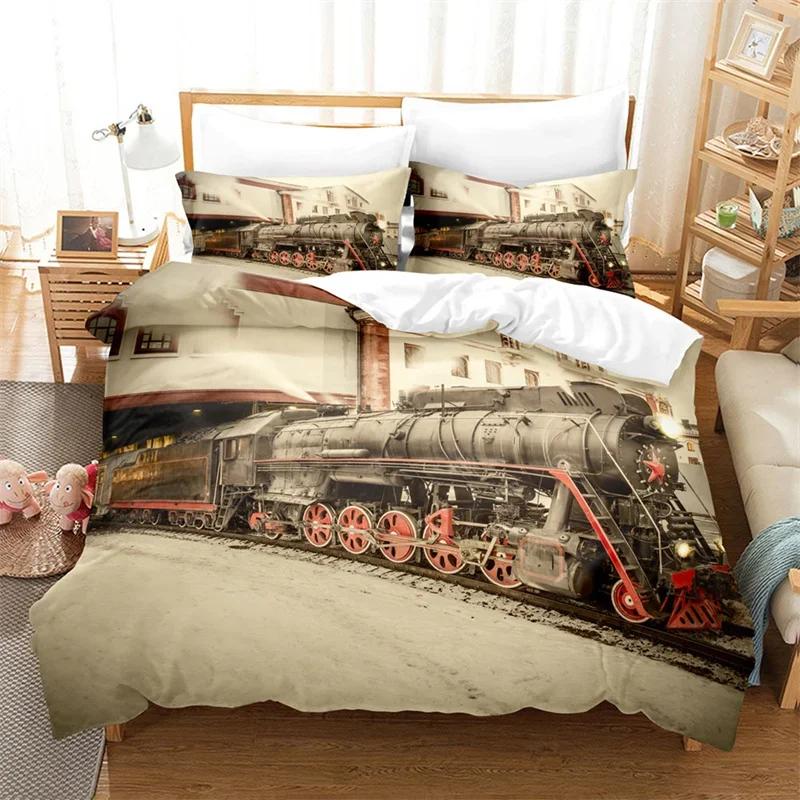 Comforter Steam Engine King Queen Microfiber Vintage Locomotive In Countryside Scenery Green Grass Train Pattern Bedding Set