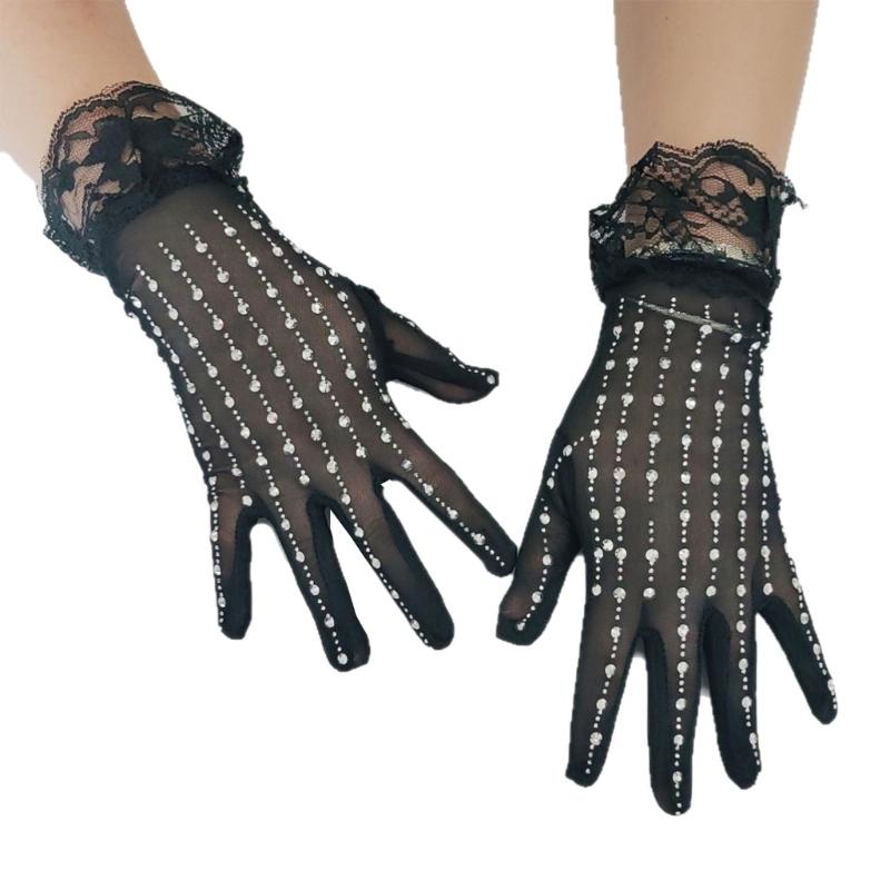 

Перчатки, украшенные стразами, с нежной кружевной отделкой и дышащей полиэфирной тканью, Костюмный аксессуар 1 чёрный