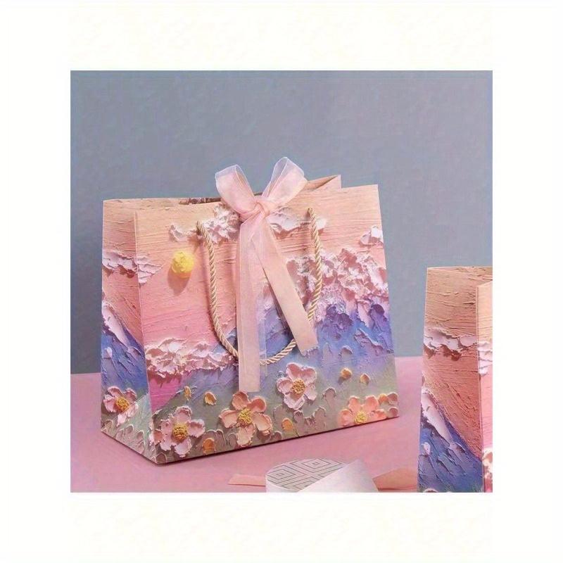 1pc Romantic Clouds, Mountains, Floral Pattern 3D Gift Bag, Pink, Birthday Party Holiday Thanksgiving Gift Bag, Birthday Gift Packaging Tote