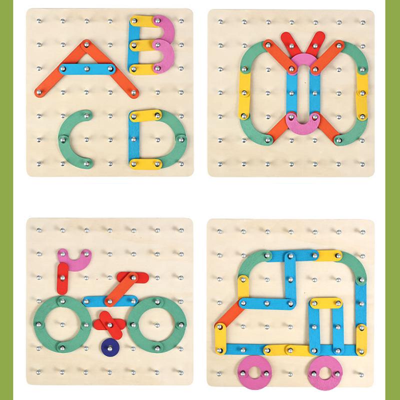 Montessori Kids DIY Puzzle Creative Toy Geometry Graphics Rubber Nail Boards with Cards Math Educational Toys for Children