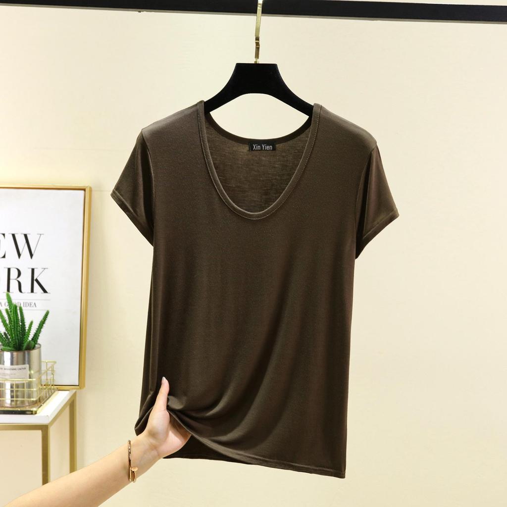 Women's Summer Modal Short Sleeve Oval Neck T-Shirt - Solid Color, Casual, Loose, Slimming, Versatile Top