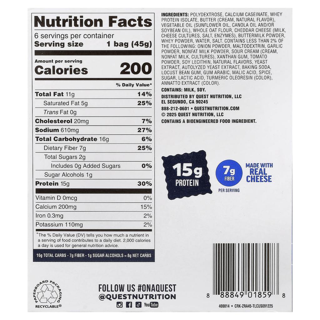 Quest Nutrition Cheese Protein Crackers, Zesty Ranch, , Pack of 6, 45g (1.59oz) Each
