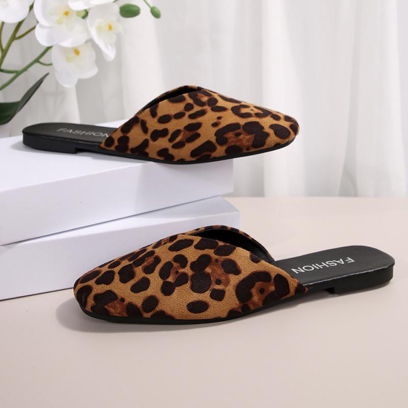 Fashion Sexy Suede Leopard Square Toe Slip On Mules Slippers Women Flat Heels Sandals Women 2025 Summer Fashion Outdoor Slippers Size 43