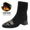 Square head thin boots women's 2025 new thick heel medium boots British retro black suede French small short boots