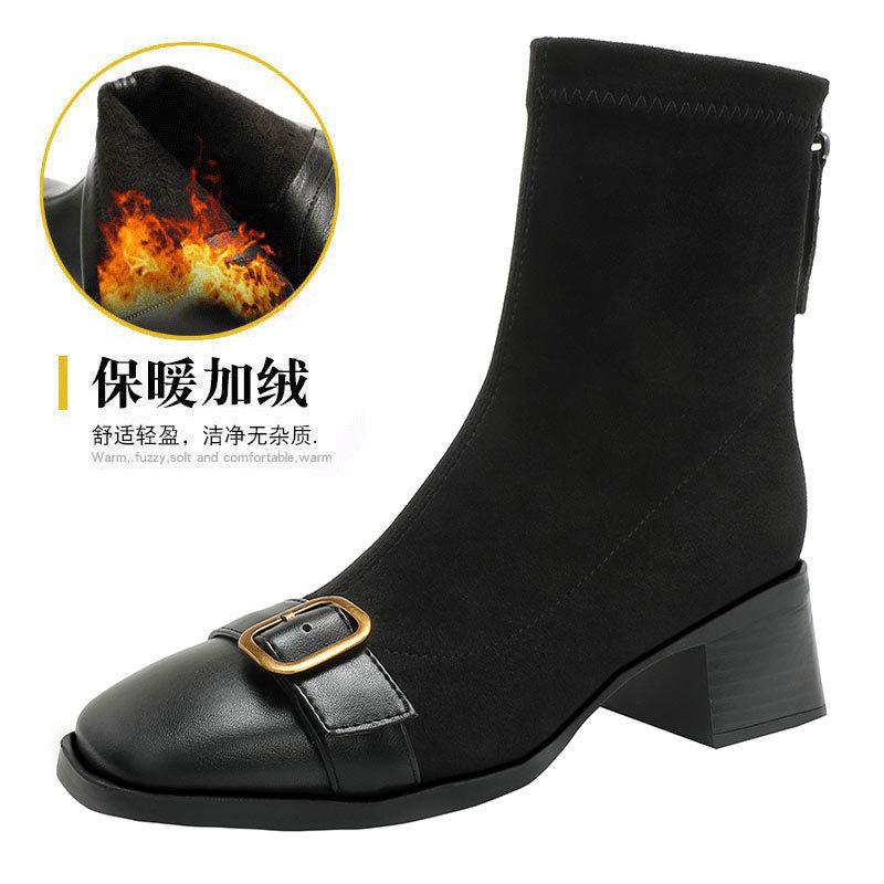 Square head thin boots women's 2025 new thick heel medium boots British retro black suede French small short boots