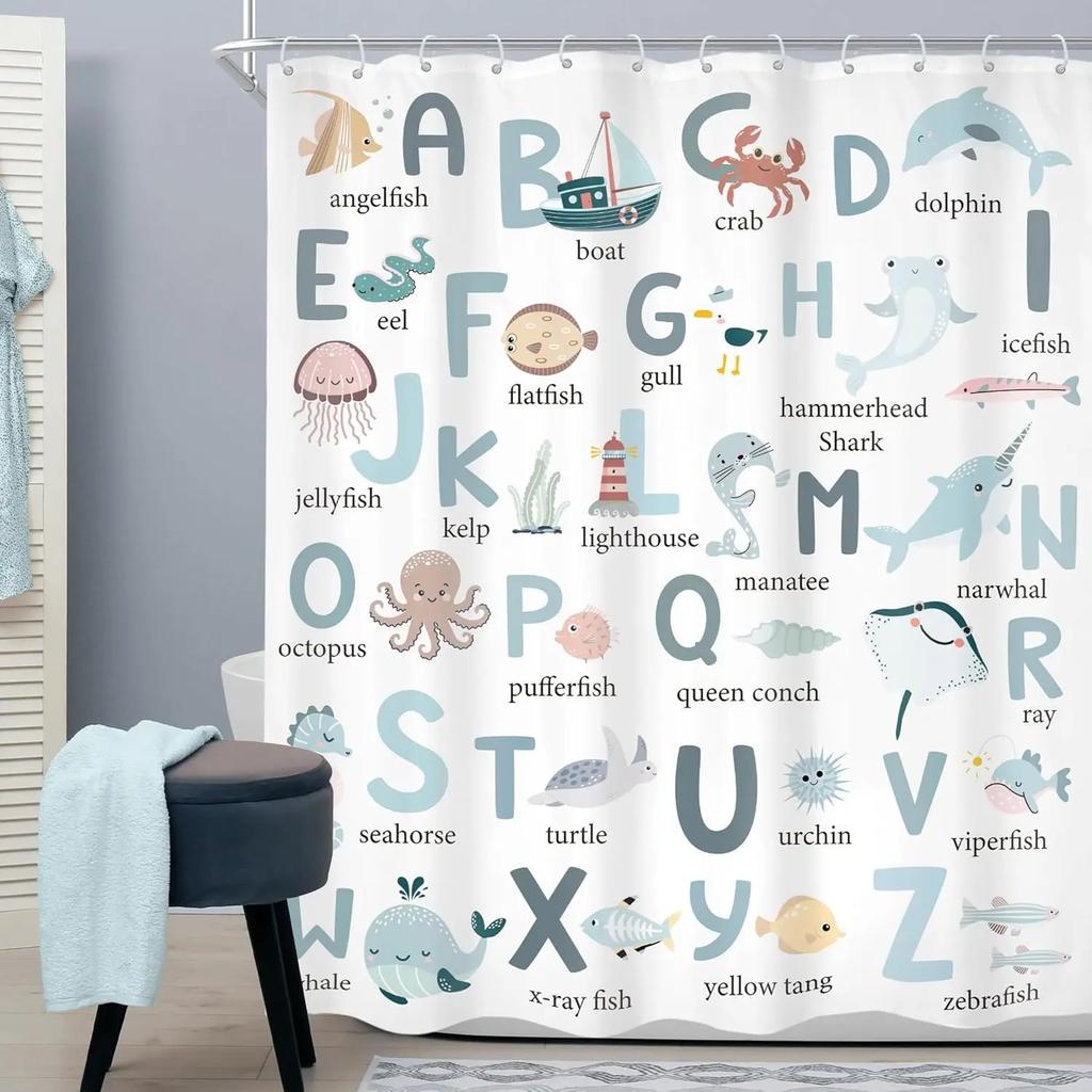 Kids Shower Curtain Cute Cartoon Alphabet ABC Sea Animal Blue Educational Ocean Bathroom Curtain Set Baby Boys Girls BathCurta