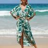 Women Bikini Cover Up Beautiful Printing Half Sleeves Waist Strap Sun Protection Front Open Coat Green Free Size