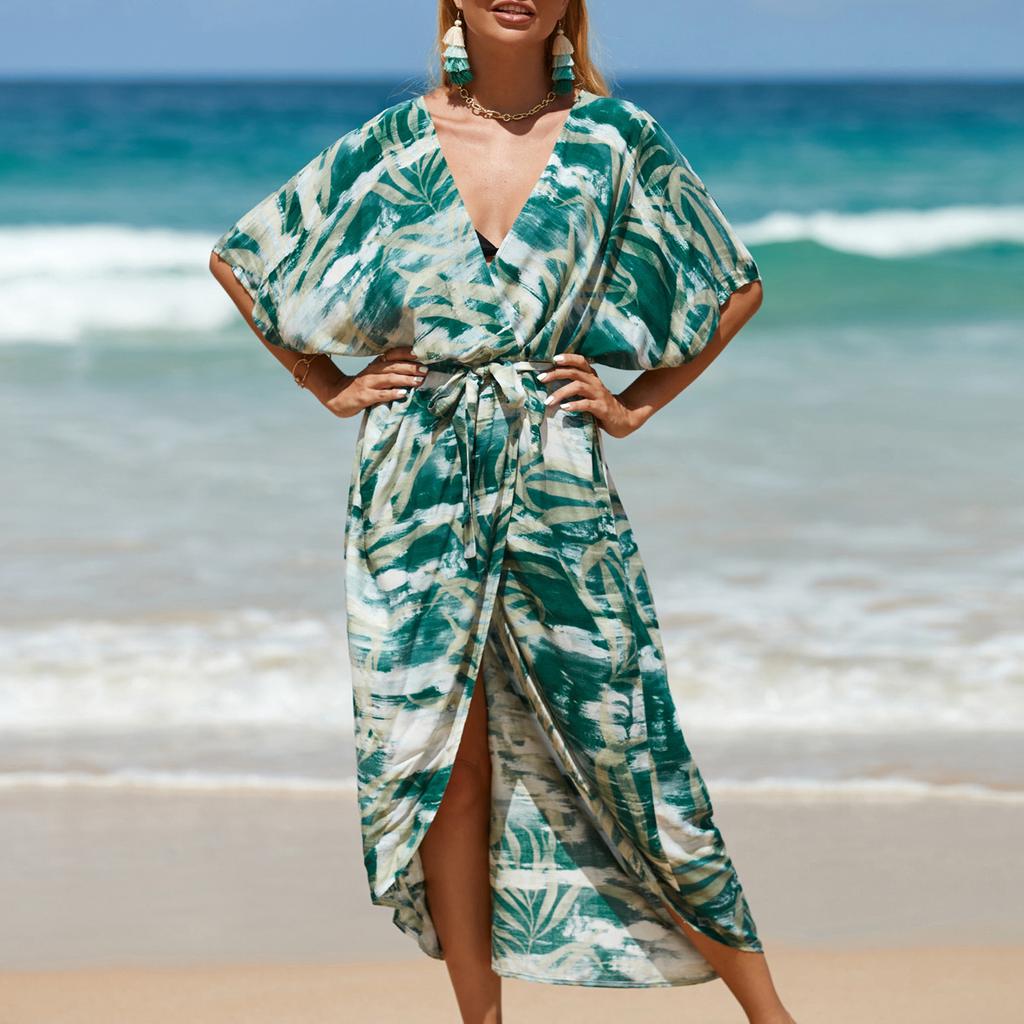 Women Bikini Cover Up Beautiful Printing Half Sleeves Waist Strap Sun Protection Front Open Coat Green Free Size