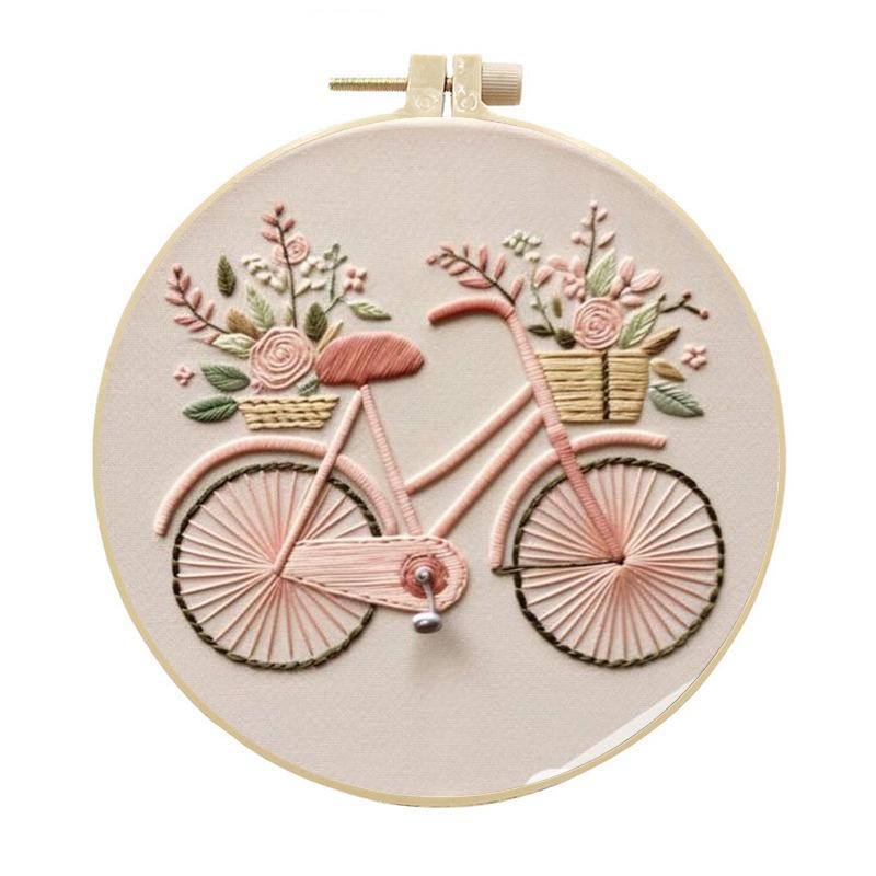 1pc House, Bicycle, and Flower Pattern Embroidery DIY Fabric Craft Kit with Tools
