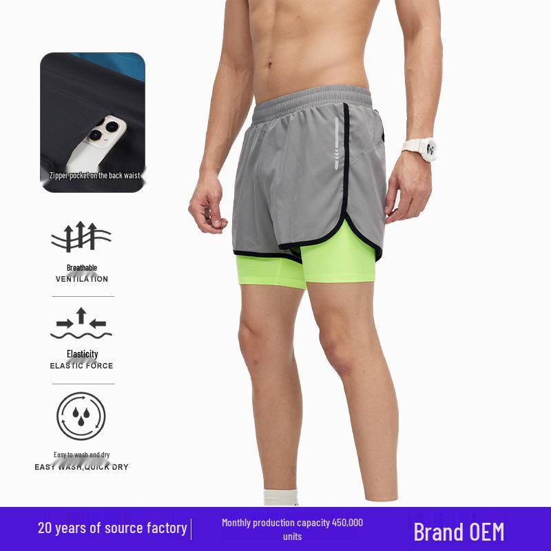 Men s Quick-Dry Double Layer Running Shorts with Inner Lining and Phone Pocket XL чернил синий