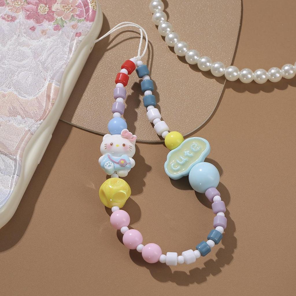 Macaron Color KT Cat Beaded Phone Charm Lanyard – Cute, Anti-Loss Short Rope for Women
