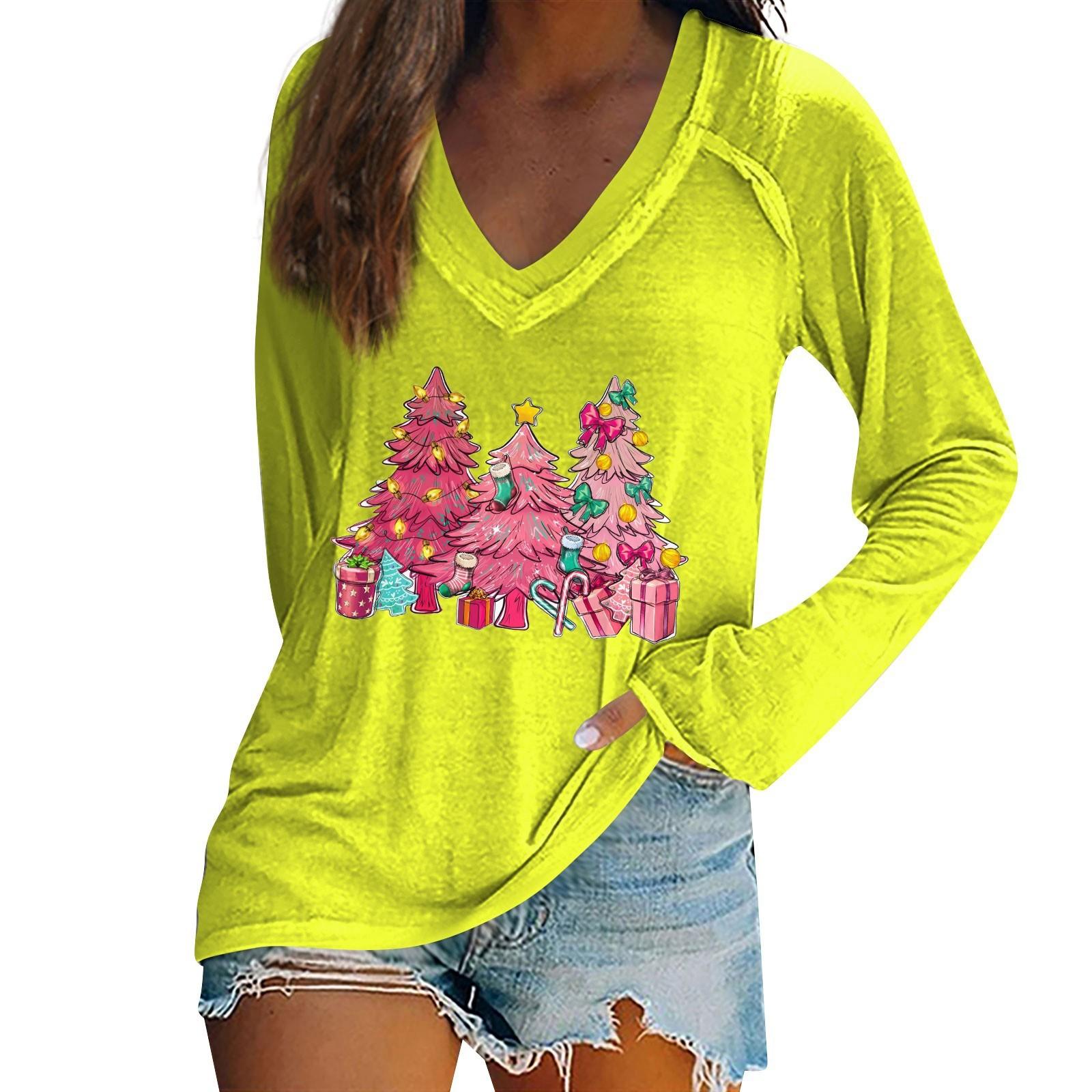 

Женская повседневная мода с графическим принтом, винтажный повседневный принт, длинный рукав, V-образный вырез, пуловер, топ, блузка XL жёлтый