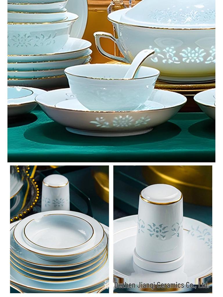 High-Temp Linglong Blue and White Porcelain Dinnerware Set: Elegant Underglaze Bowls & Plates