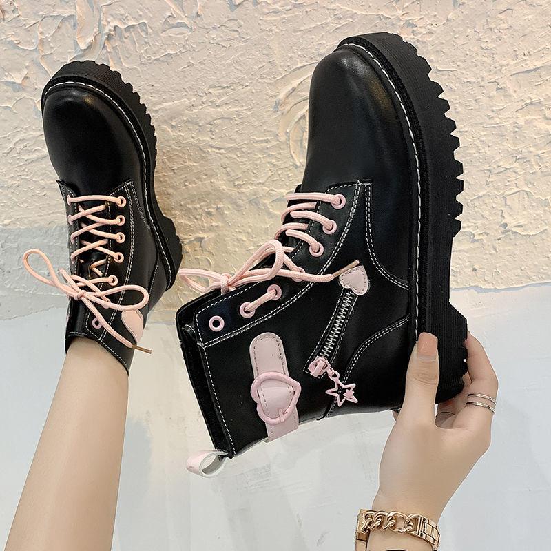 Women's Boots New Fashion Thick Sole PU Shoes Leather Lace Up Square Heel Round Toe Solid Gothic Motorcycle Boots Female