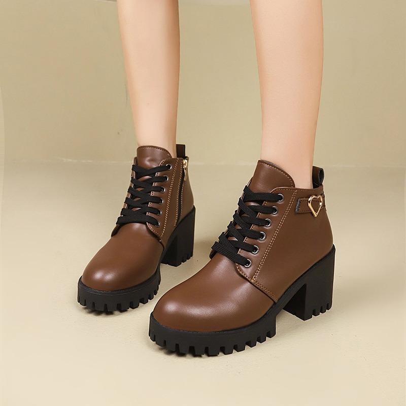Autumn and Winter Coarse Heel Martin Boots Women, Side Zipper High Heel Round Head Lace-up Short