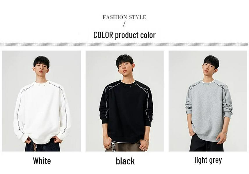 Men's 400g Rivet Round Neck Hoodie: Autumn Loose-Fit Trendy Couple Style Pullover.